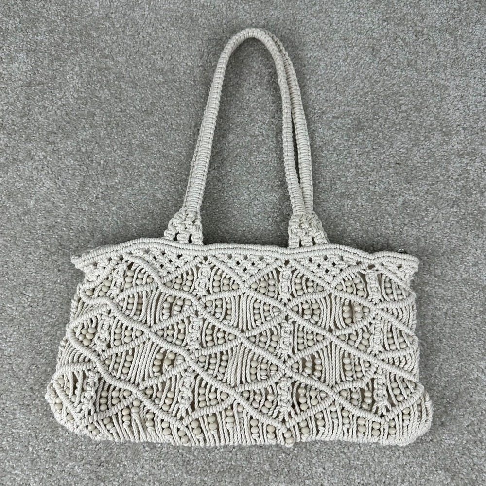 Antik Kraft Macrame Beaded Shoulder Bag Cream Boho Woven Tote Zipper Closure